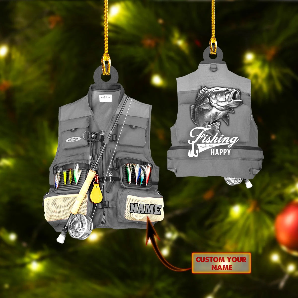 Fishing Ornament - Custom Shaped Ornament - Fishing Vest Gray Ornament ORN0072