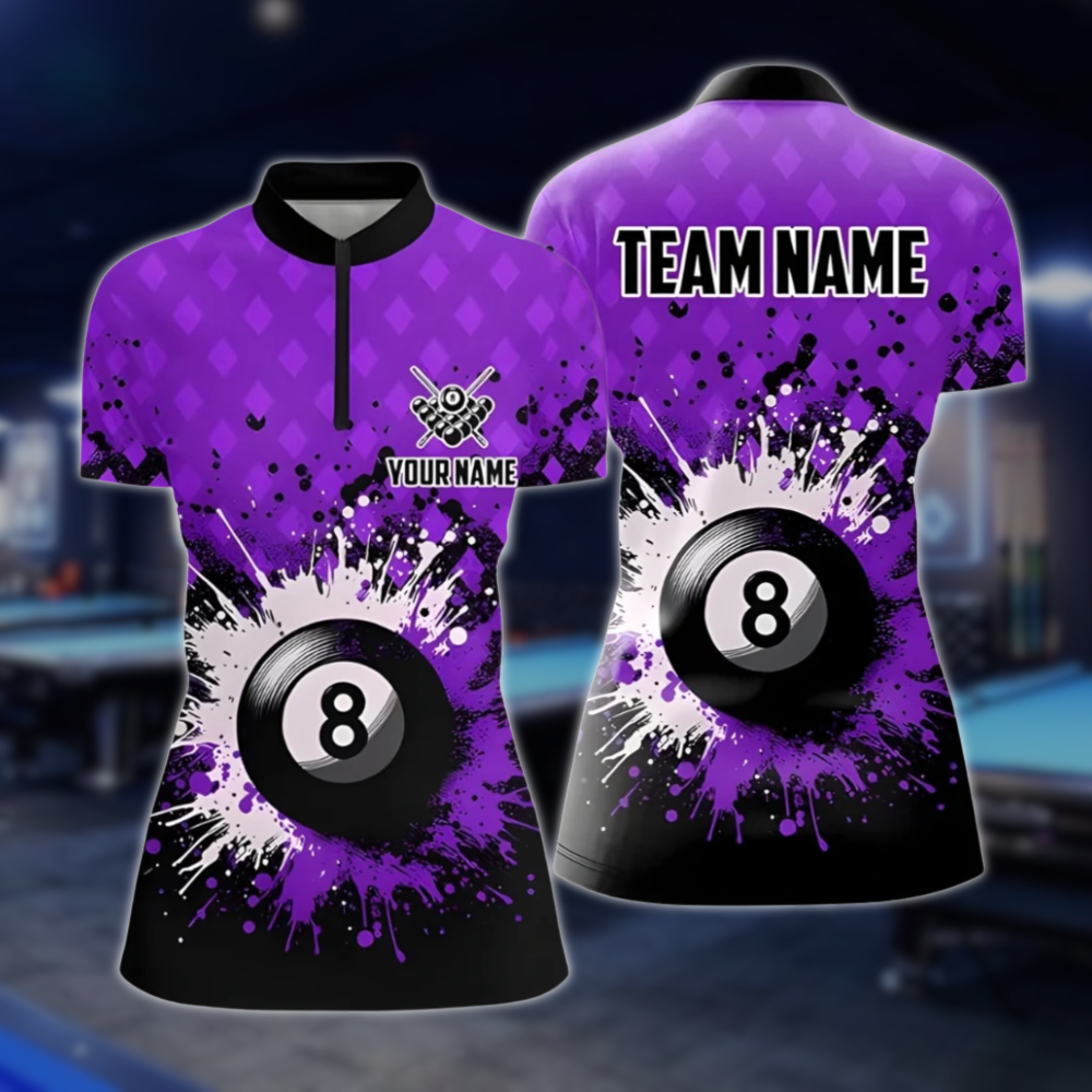 Custom 8 Ball Purple Billiard Jersey For Ladies, Women's Custom 8 Ball Billiard Team Shirts BLD0173