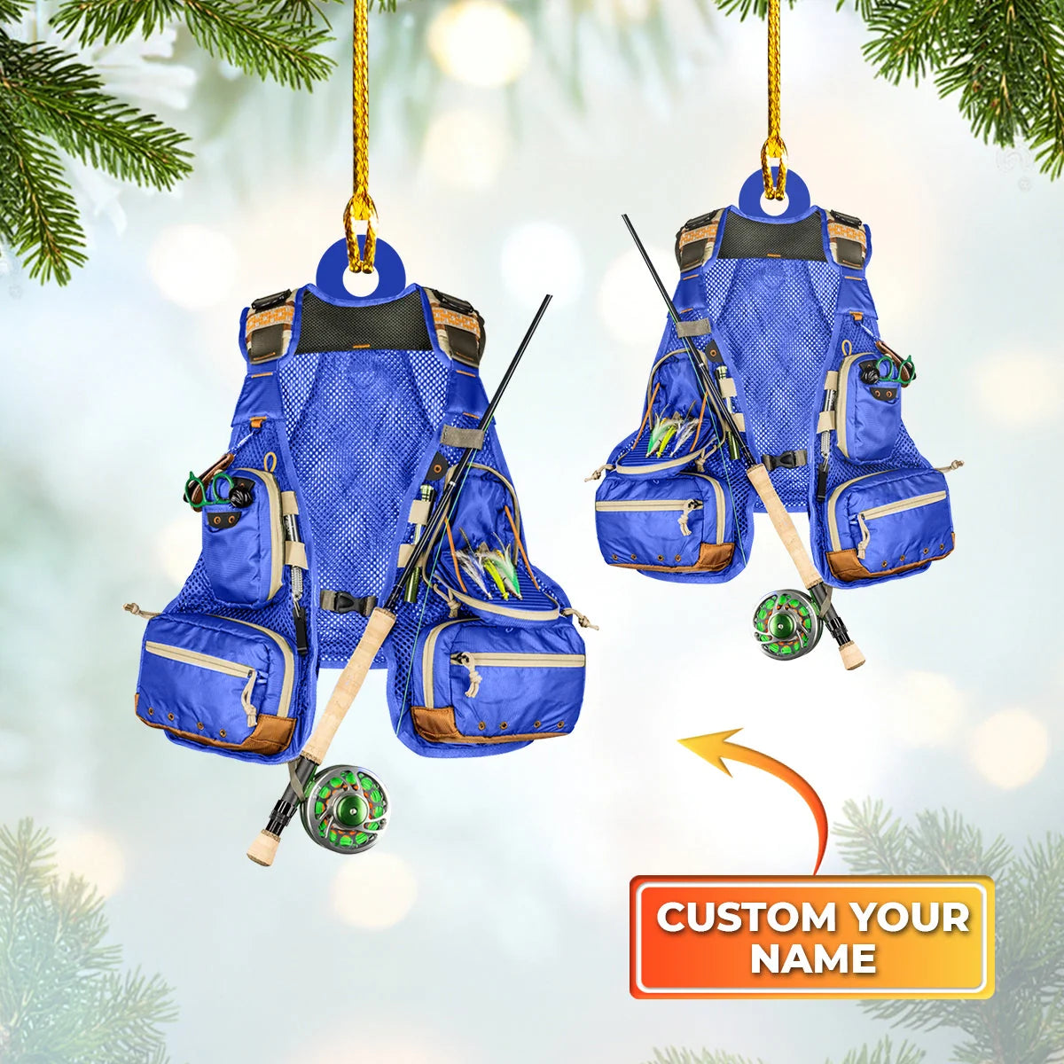Fishing - Custom Shaped Ornament - Fishing Vest Orange Ornament Blue 02.2 ORN0030
