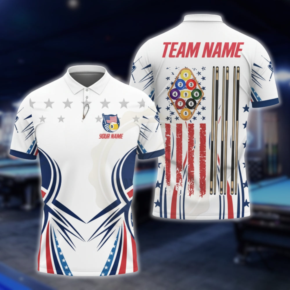 American Flag Custom White Billiard Polo Shirt Men, Custom Patriot Billiard Team Shirts BLD0065