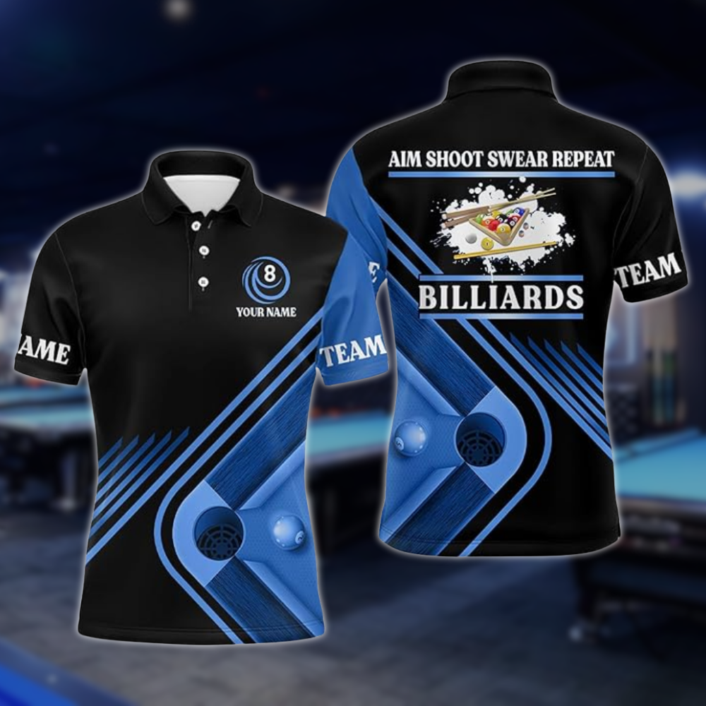 Custom Aim Shoot Swear Repeat Billiard Polo Shirts For Mens, Custom Funny Billiard Team Shirts BLD0247