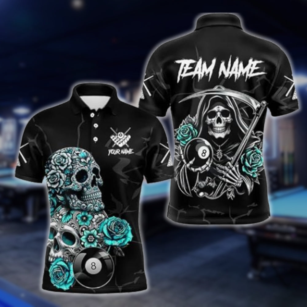 Custom Black And Cyan Sugar Skull 8 Ball Polo Shirt For Men, Custom Skull Billiard Team Shirt BLD0076