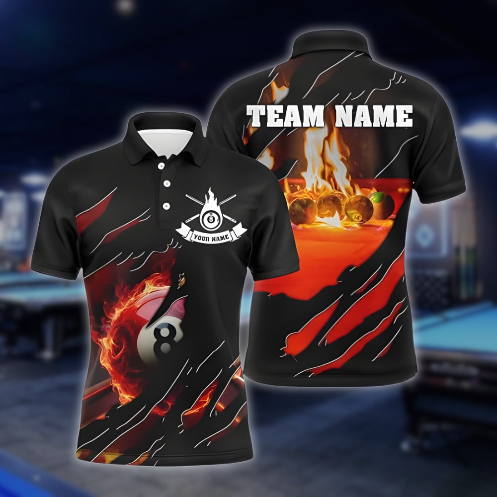 Custom Grunge Flaming 8 Ball Billiard Mens Polo Shirt, Custom Flame Billiard Team Shirts BLD0106