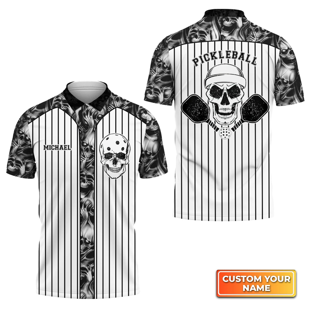 Skull Vertical Stripes Personalized Name 3D Polo Shirt QB95 Gift For Pickleball Player PKL0083
