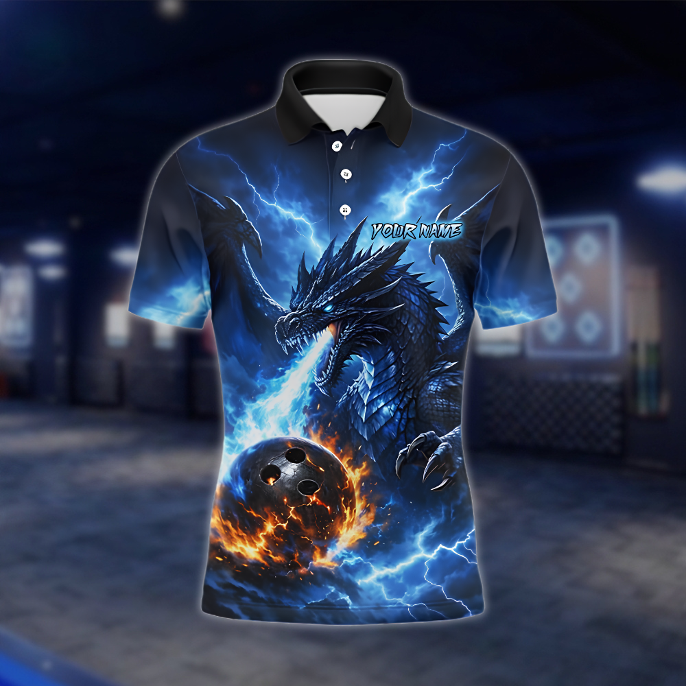 Personalized Dragon Blue Flame Thunder Bowling Mens Polo Shirt, Custom Dragon Bowling Shirt For Team BZ0893 BOW0050