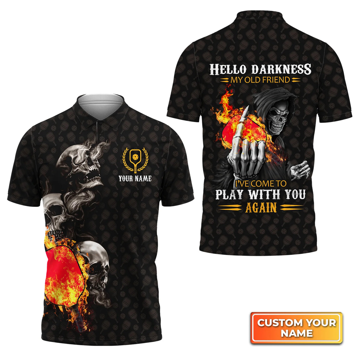 Pickleball Skull Hello Darkness My Old Friend Personalized Name 3D Polo Shirt QB95 Gift For Pickleball Player PKL0058