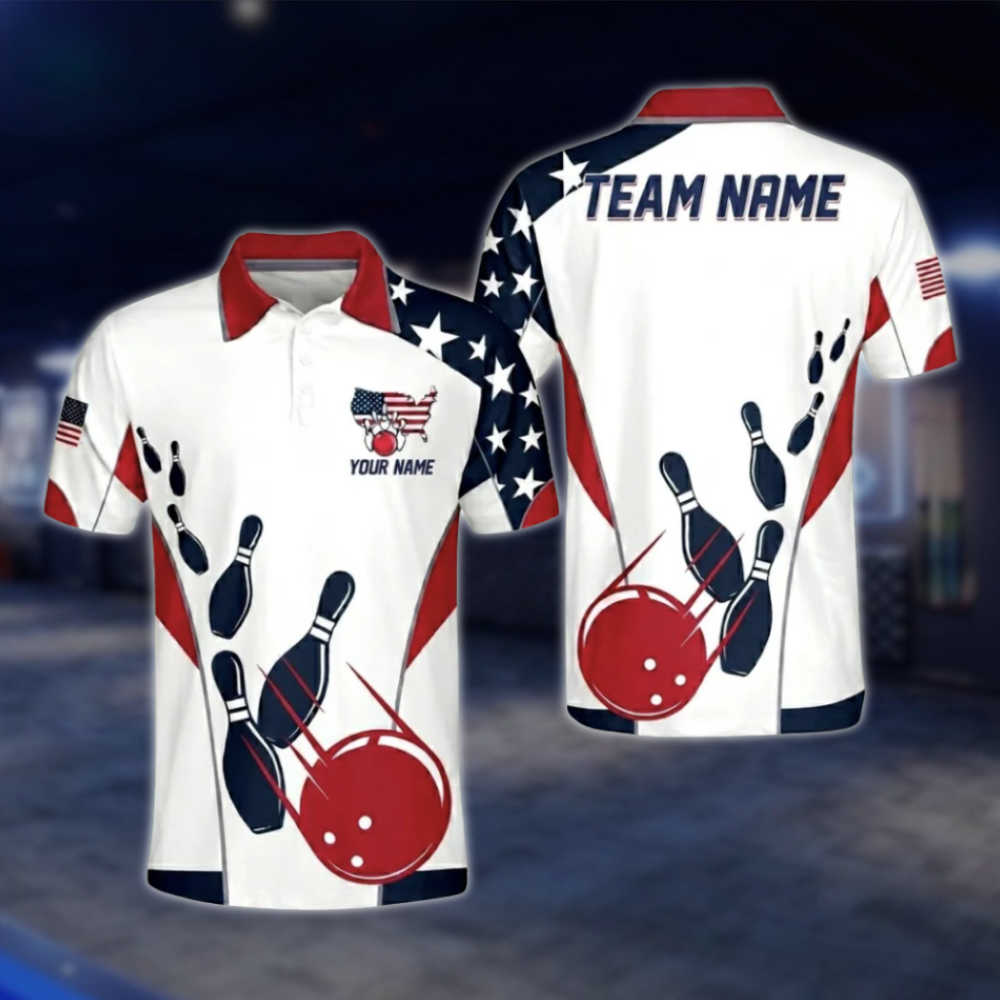 USA Flag Custom Mens Black Red Bowling Polo Shirt For Mens, Custom Patiotic Bowling Team Shirts BO0339 BOW0421