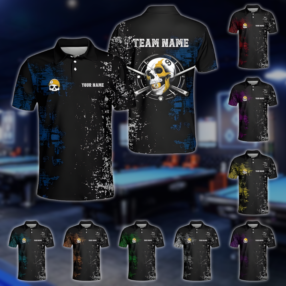 Custom Skull Black Blue Grunge Billiard Polo Shirt Men, Cum Skull Billiard Team Shirts BLD0295