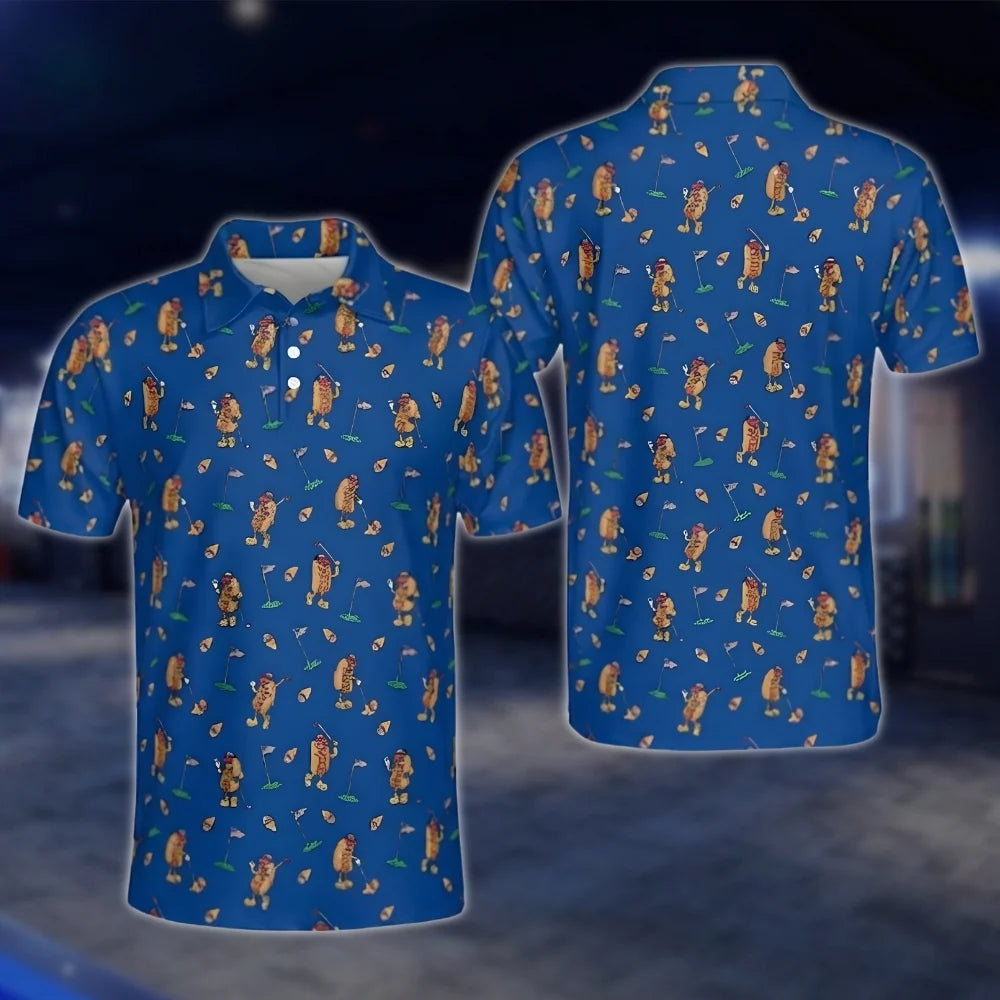 Mens Funny Hot Dog White Golf Polo Shirts, Hot Dog Golf Shirts GOF0231