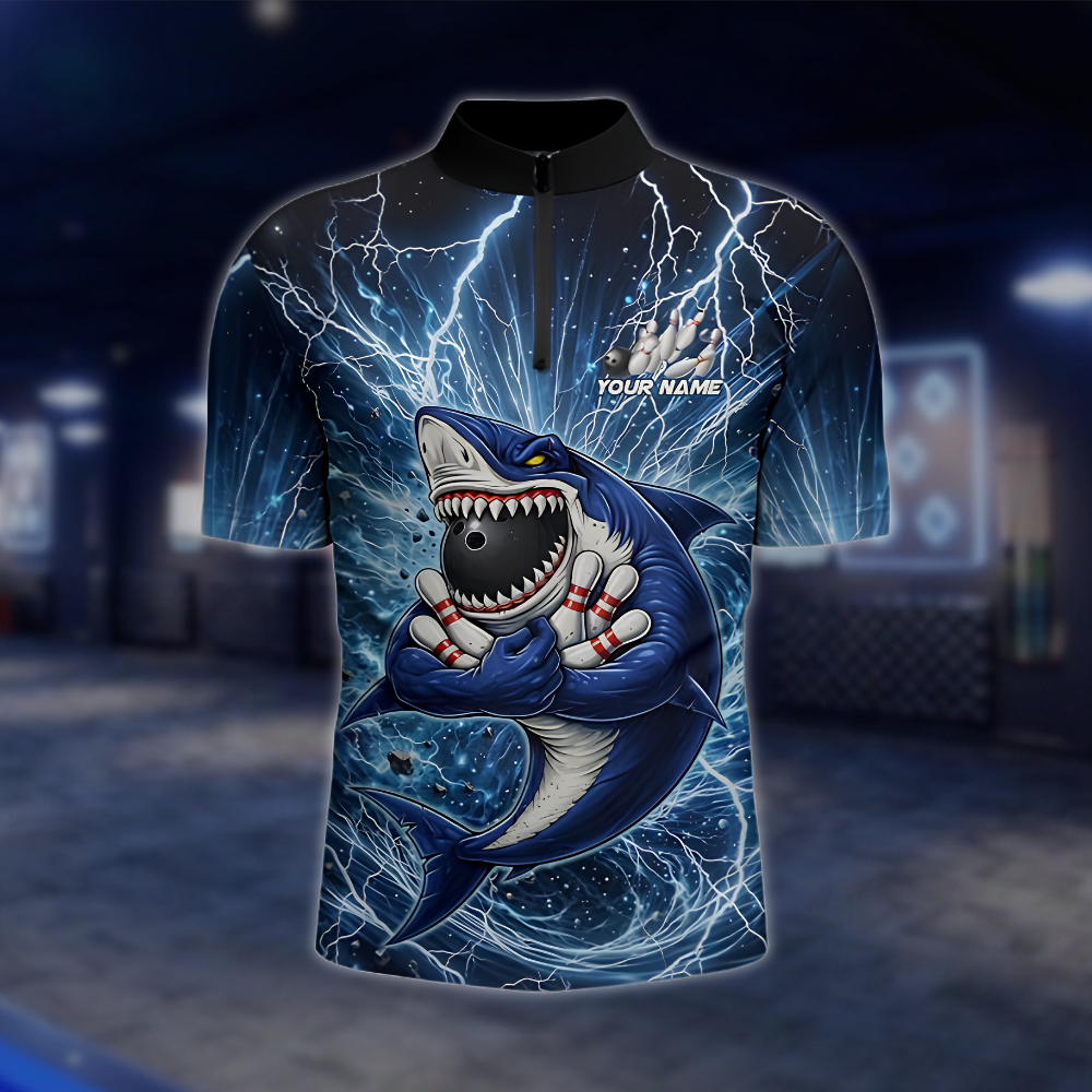 Custom Shark Blue Thunder Bowling Jersey For Men, Custom Shark Team Bowling Shirt BZ0892 BOW0051