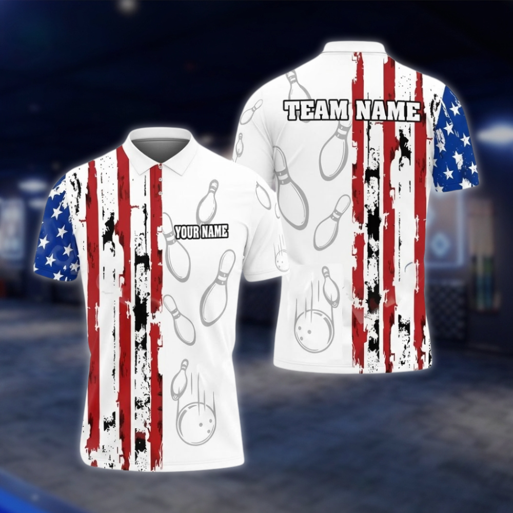 Personalized American Flag Bowling Polo Shirt Men Black, Custom Patriotic Bowling Shirt For Team BZ0867 BOW0079
