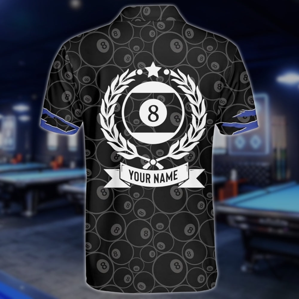 Custom Black Grunge 8 Ball Billiard Polo Shirt Mens, Custom Pool Billiard Shirts BLD0202