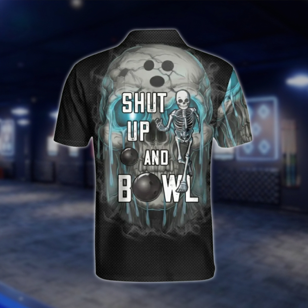 Custom Shut Up And Bowl Skeleton Black Cyan Bowling Polo Shirt, Custom Skull Funny Bowling Team Shirts BZ0490 BOW0284