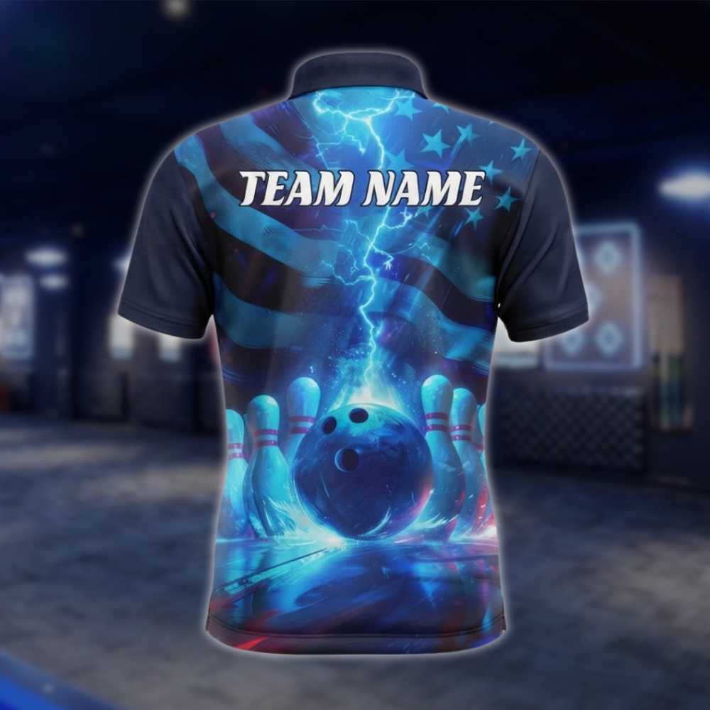 Personalized Thunder Lightning American Flag Bowling Polo Shirt For Men, Custom Patriotic Bowling Team Shirts BZ0765 BOW0155