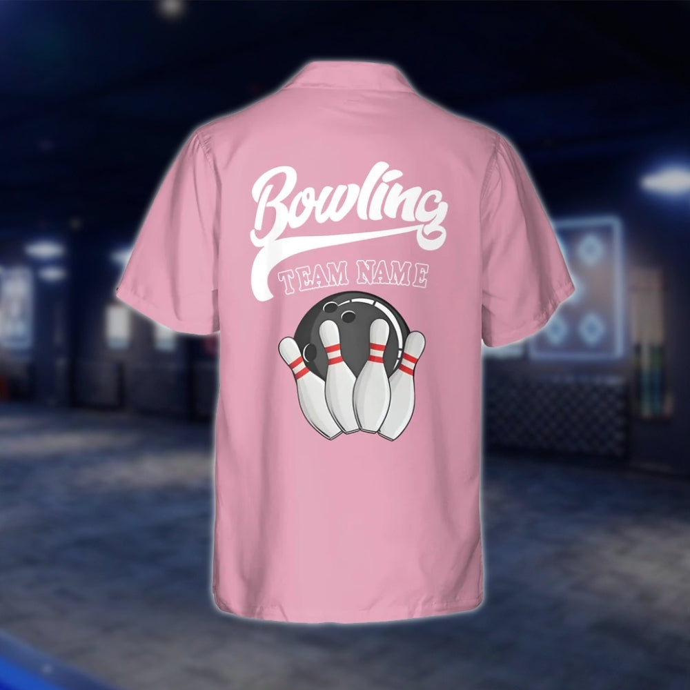 Women's Custom Pink Blue Vintage Bowling Hawaiian Shirt, Custom Vintage Bowling Team Shirts For Ladies BZ0019 BOW0303