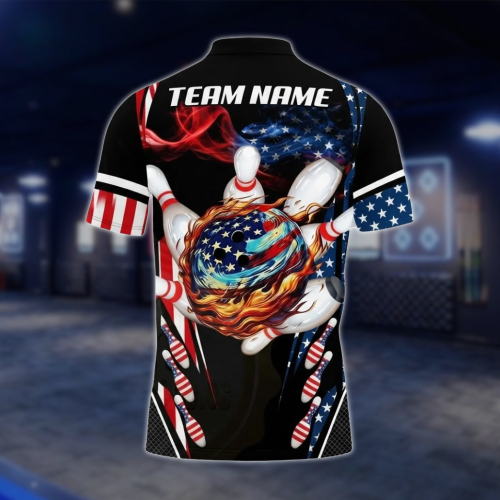 Personalized Fire Ball USA Flag Bowling Polo Shirt Men, Custom Patriotic Bowling Team Shirt BZ0796 BOW0112