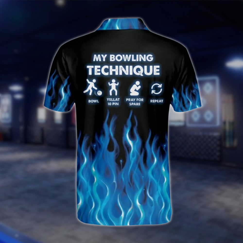 Custom My Bowling Technique Blue Flame Bowling Mens Polo Shirt, Custom Funny Flame Bowling Shirts BM0019 BOW0332