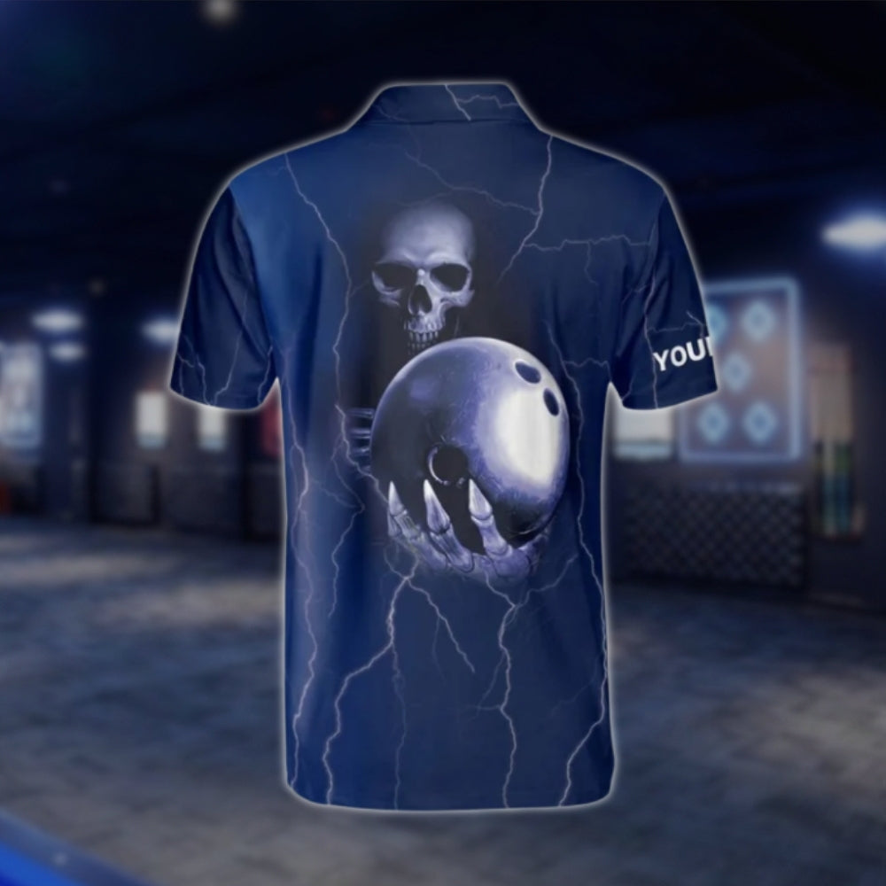 Custom Skeleton And Ball Bowling Polo Shirt For Men Blue, Custom Skull Bowling Shirt For Team BM0295 BOW0223