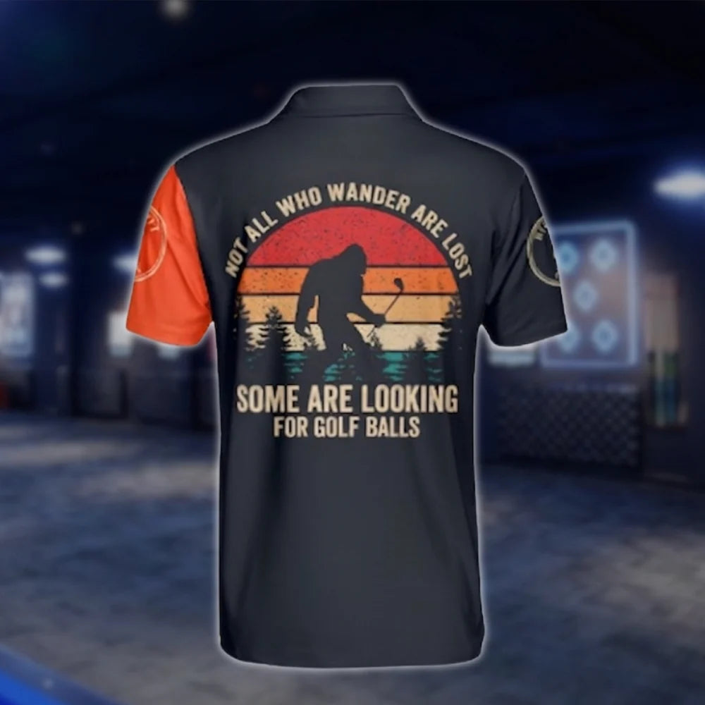 Custom Not All Who Wander Are Lost Some Are Looking For Golf Balls Men's Golf Polo Shirt Navy Orange, Custom Bigfoot Funny Golf Shirt GOF0100