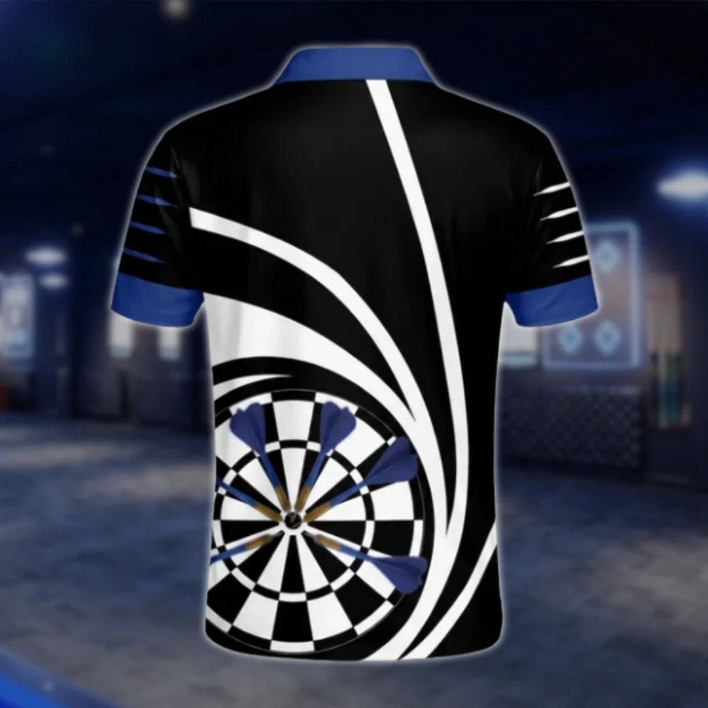 Custom Name Black White Blue Dart Mens Polo Shirt, Custom Dart Player Shirts DAT0255