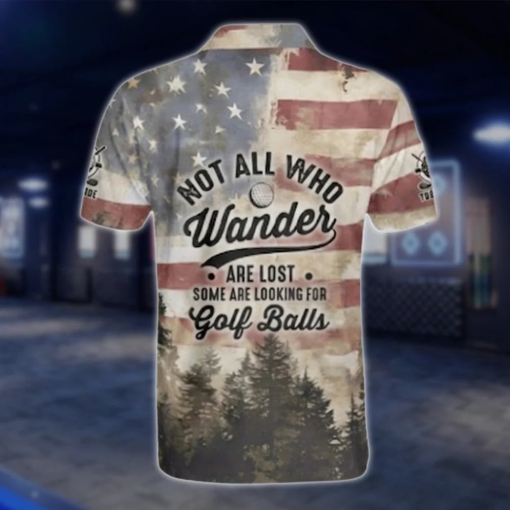 Not All Who Wander Are Lost Some Are Looking For Golf Balls Personalized Bigfoot USA Flag Golf Polo Shirt Men, Custom Funny Sasquatch Golf Shirt GOF0102