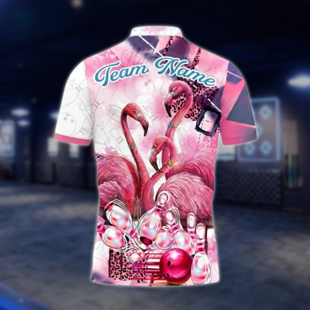Flamingo Pink Leopard Custom Mens Bowling Polo Shirt, Custom Flamingo Bowling Team Shirts BO0352 BOW0197