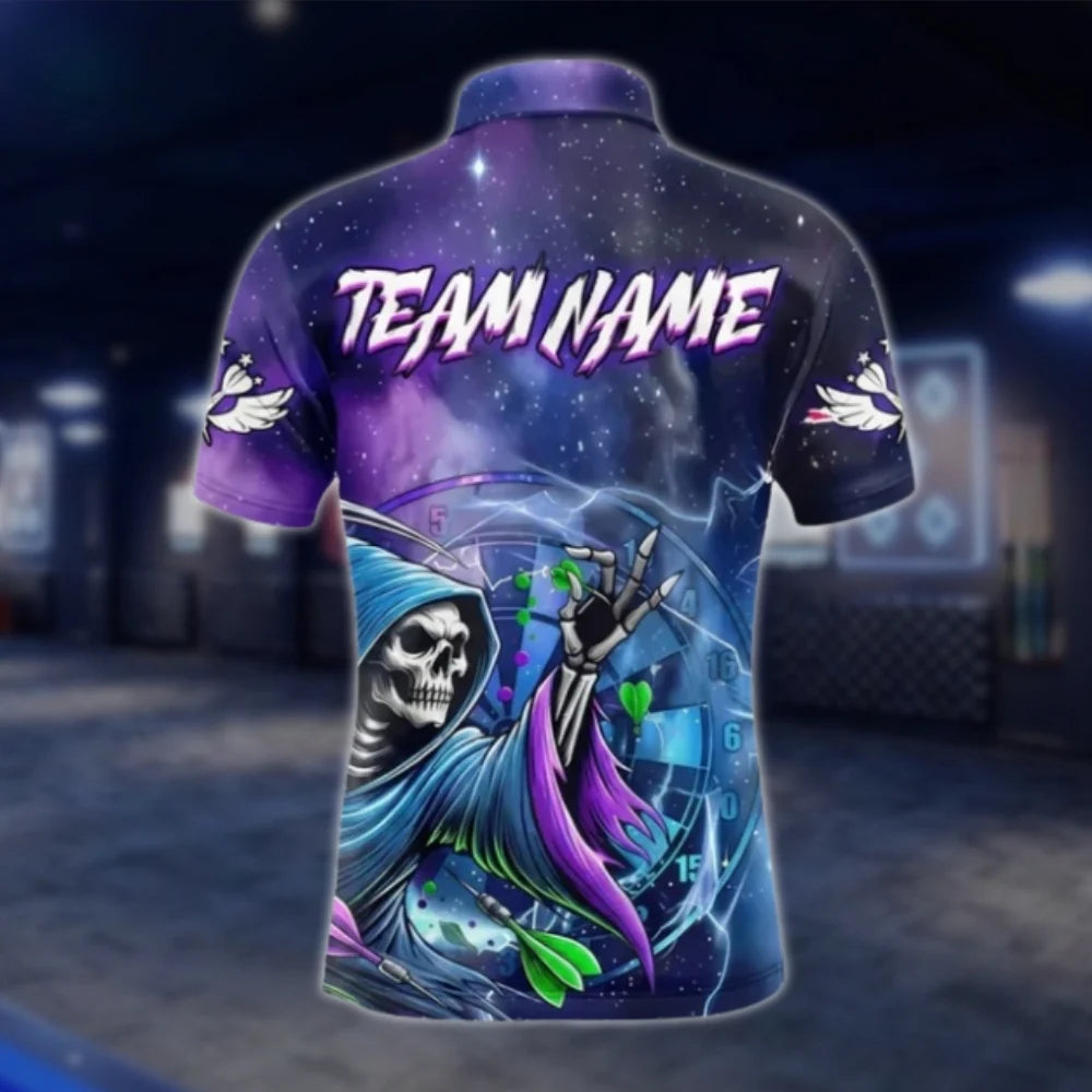 Custom Skeleton Purple Galaxy Dart Mens Polo Shirt, Custom Skull Dart Shirts For Team DAT0425
