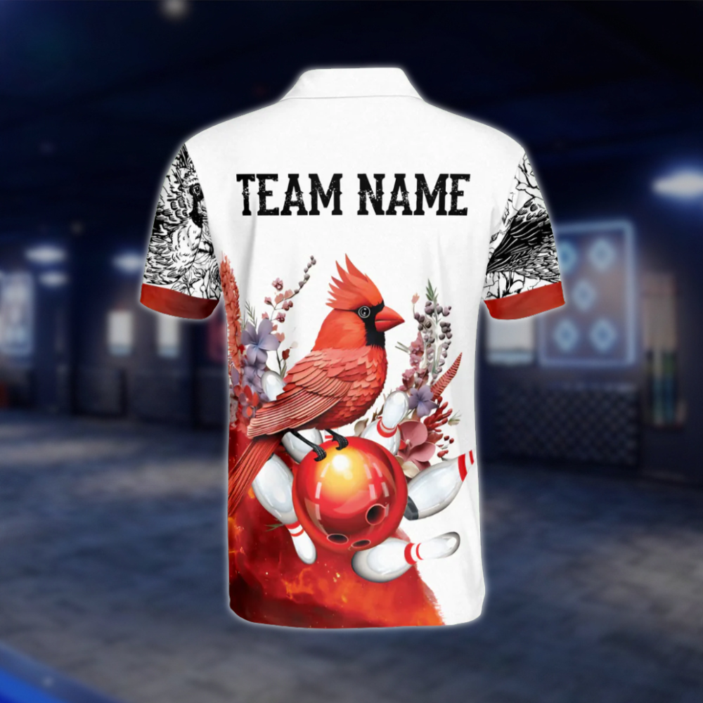 Custom Cardinal Bird Bowling Polo Shirt For Men, Red White Custom Cardinal Bowling Team Shirts BO0361 BOW0340