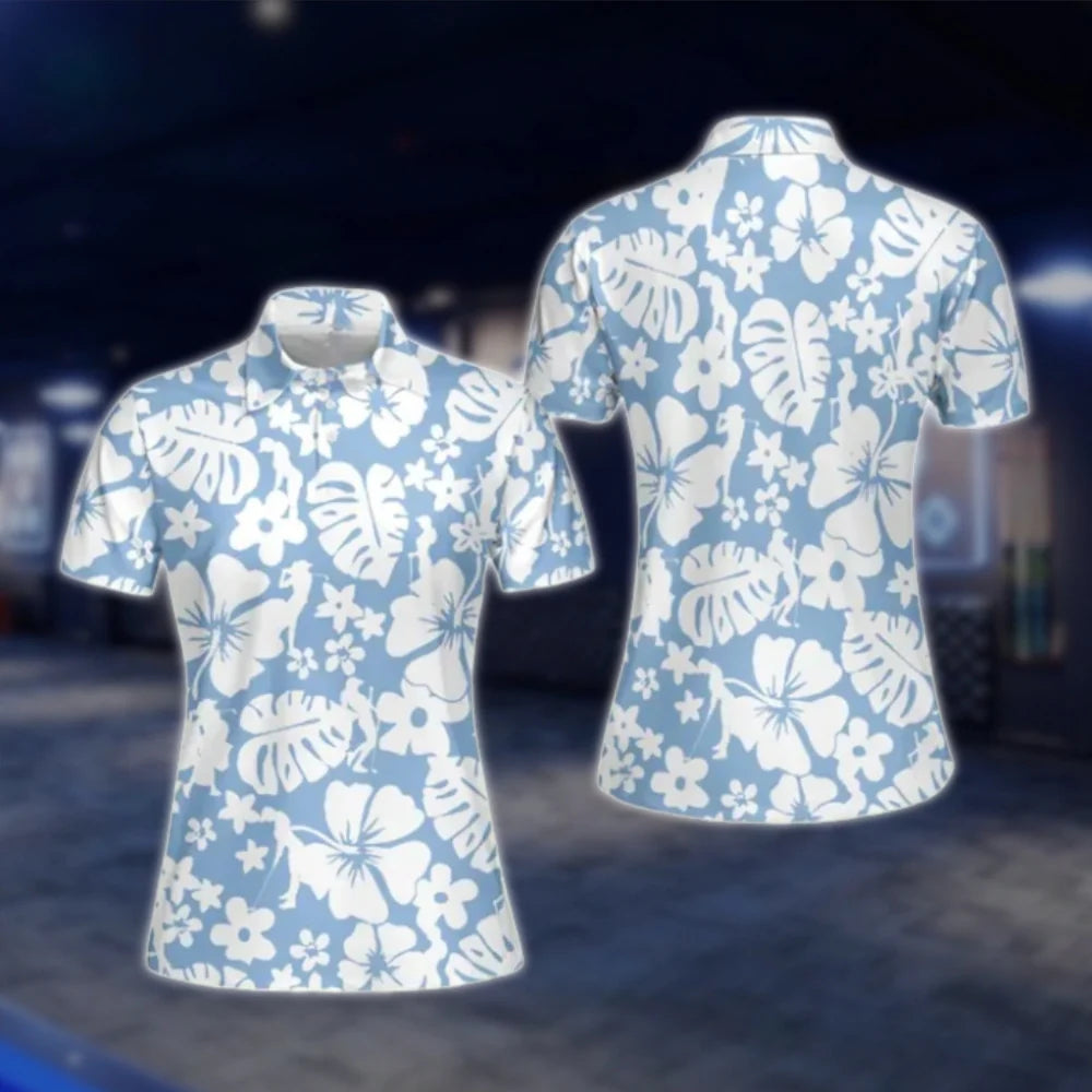 Hibiscus Tropical Matching Blue Golf Polo Shirts For His And Her, Matching Floral Couple Golf Shirts GOF0173