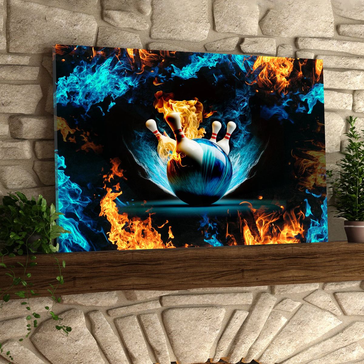 Blue Bowling Ball And Pins On Fire Graphic Printed Canvas Bowl Game Living Room Decor Gift For Bowlers ORN0123