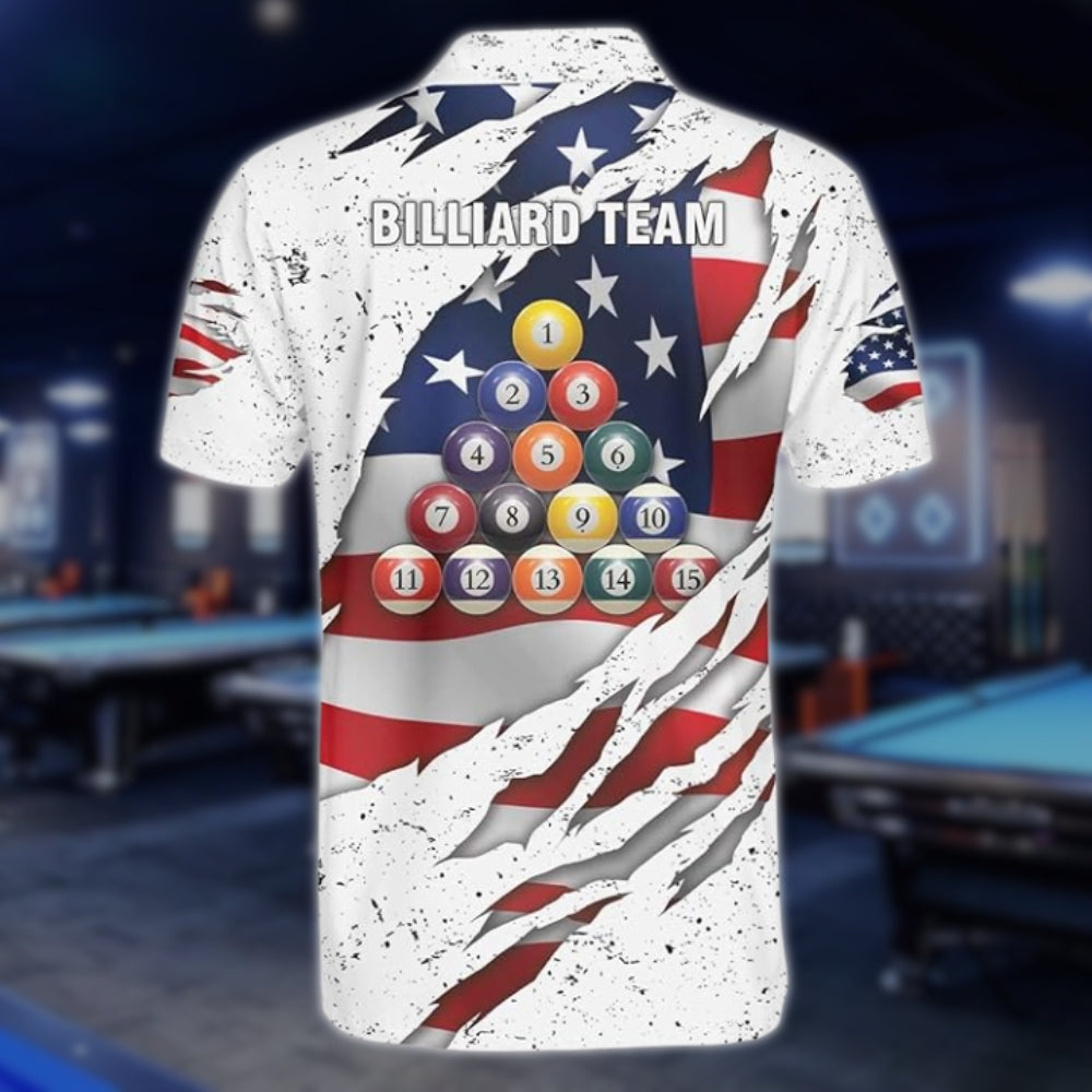Custom American Flag White Billiard Polo Shirt For Men, Custom Patriotic Billiard Team Shirts BLD0139