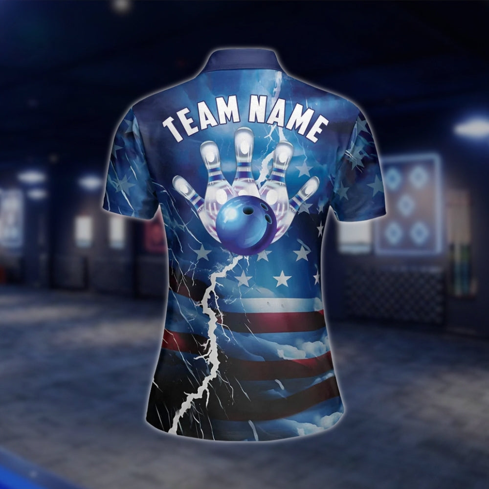 Womens Custom Amercian Flag Thunder Bowling Polo Shirt, Custom Patriotic Bowling Team Shirts For Ladies BW0122 BOW0251