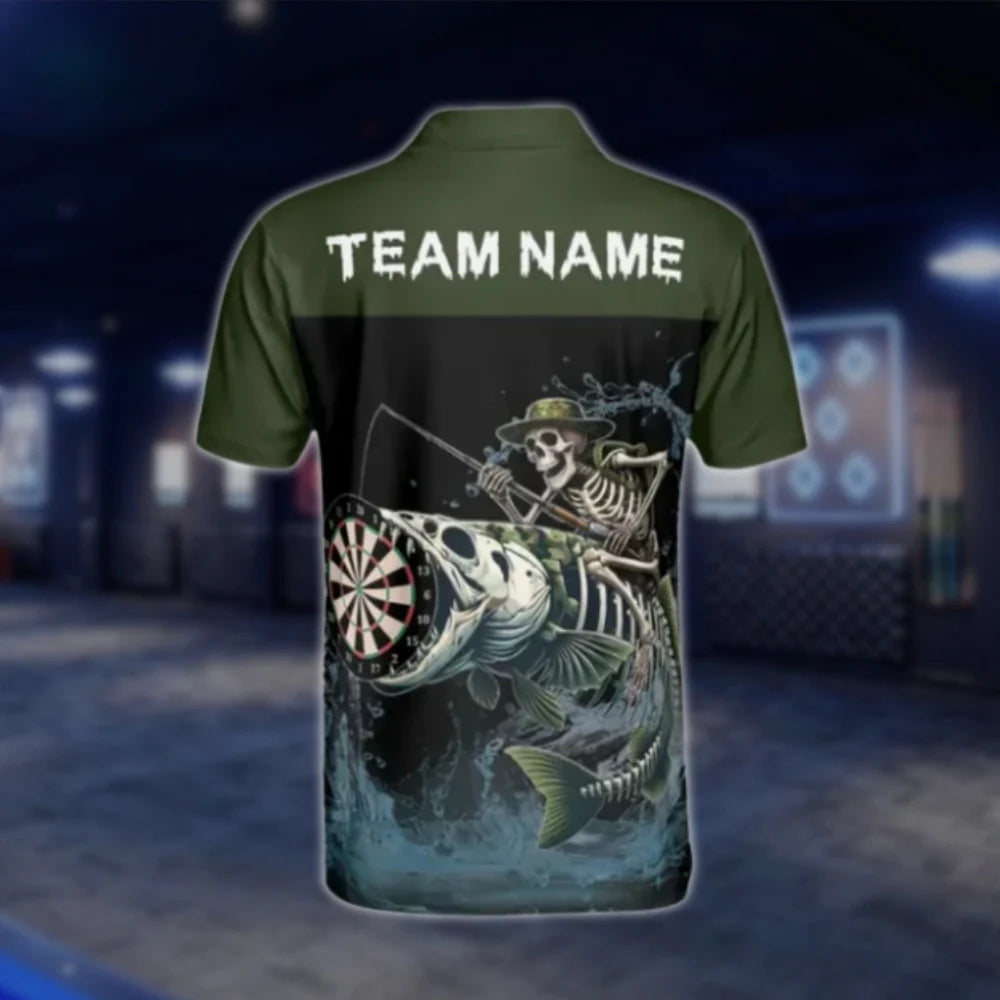 Skeleton Fishing Custom Mens Dart Polo Shirt, Custom Skull Dart Team Shirts DAT0372