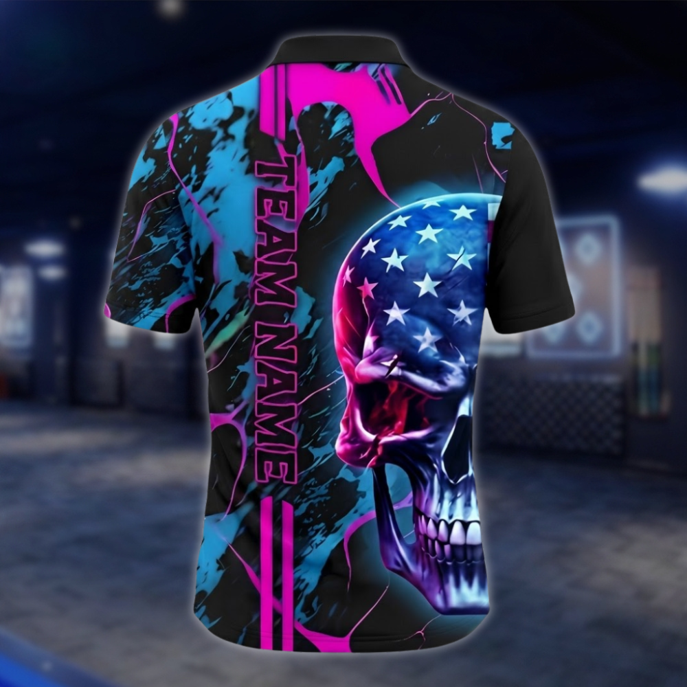 Personalized Skull Cyan Pink Bowling Men Polo Shirt USA Flag, Custom Skull Bowling Shirt Team BZ0874 BOW0072