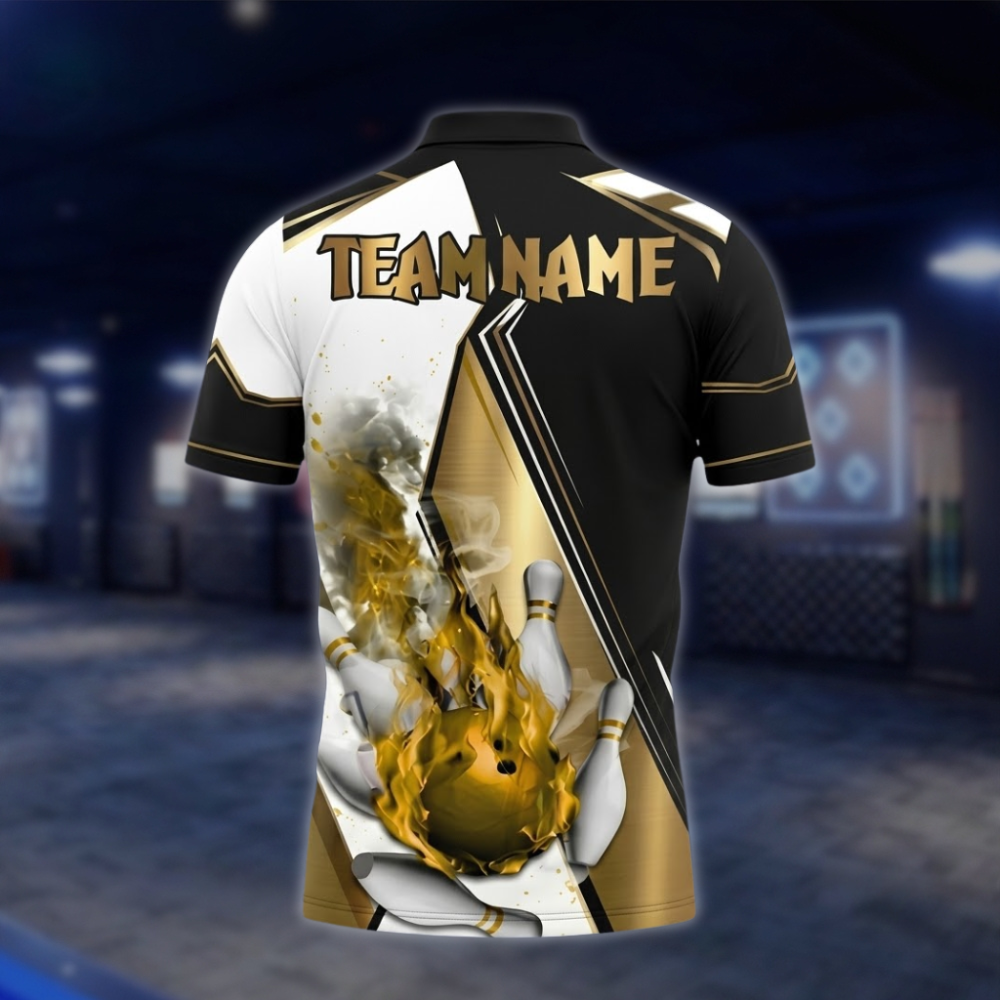Personalized Flaming Ball Bowling Mens Polo Shirt, Black And Gold Custom Flame Bowling Team Shirt BZ0809 BOW0149