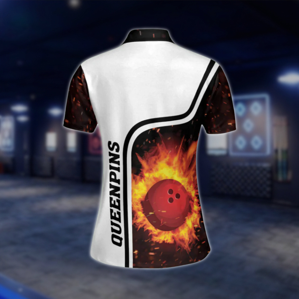 Personalized Queen Pins Flame Bowling Polo Shirt Womens, Custom Flame Bowling Shirt For Ladies BW0129 BOW0423