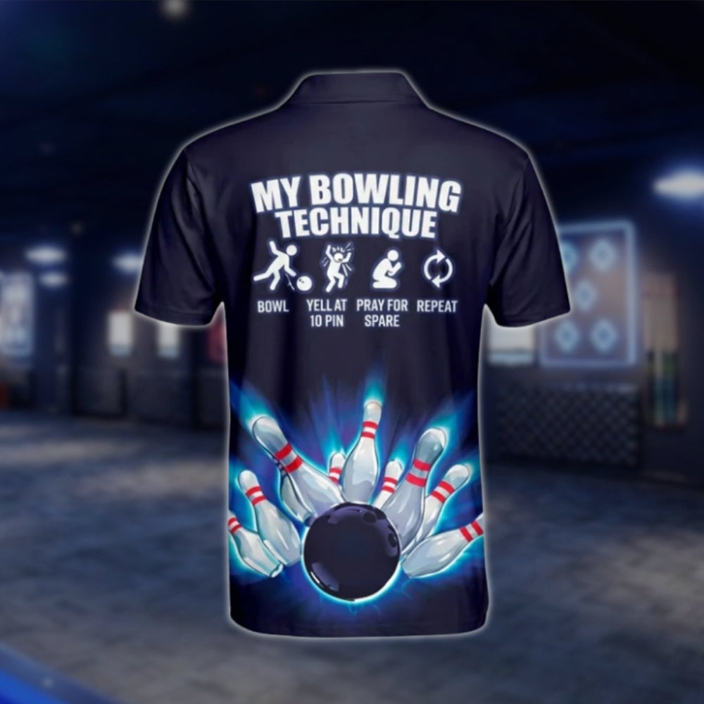Custom My Bowling Technique Mens Navy Blue Bowling Polo Shirt, Custom Fuuny Bowling Shirts BM0026 BOW0271