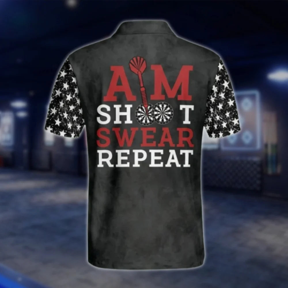Custom Aim Shoot Swear Repeat Skull Dart Polo Shirt For Men, Custom Funny Dart Shirt DAT0454