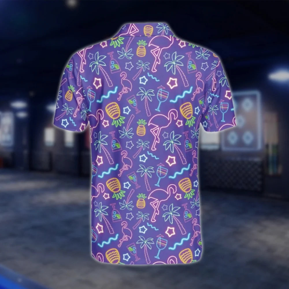 Neon Flamingo Pineapple Tropical Mens Purple Golf Polo Shirts, Flamingo Golf Shirt GOF0200