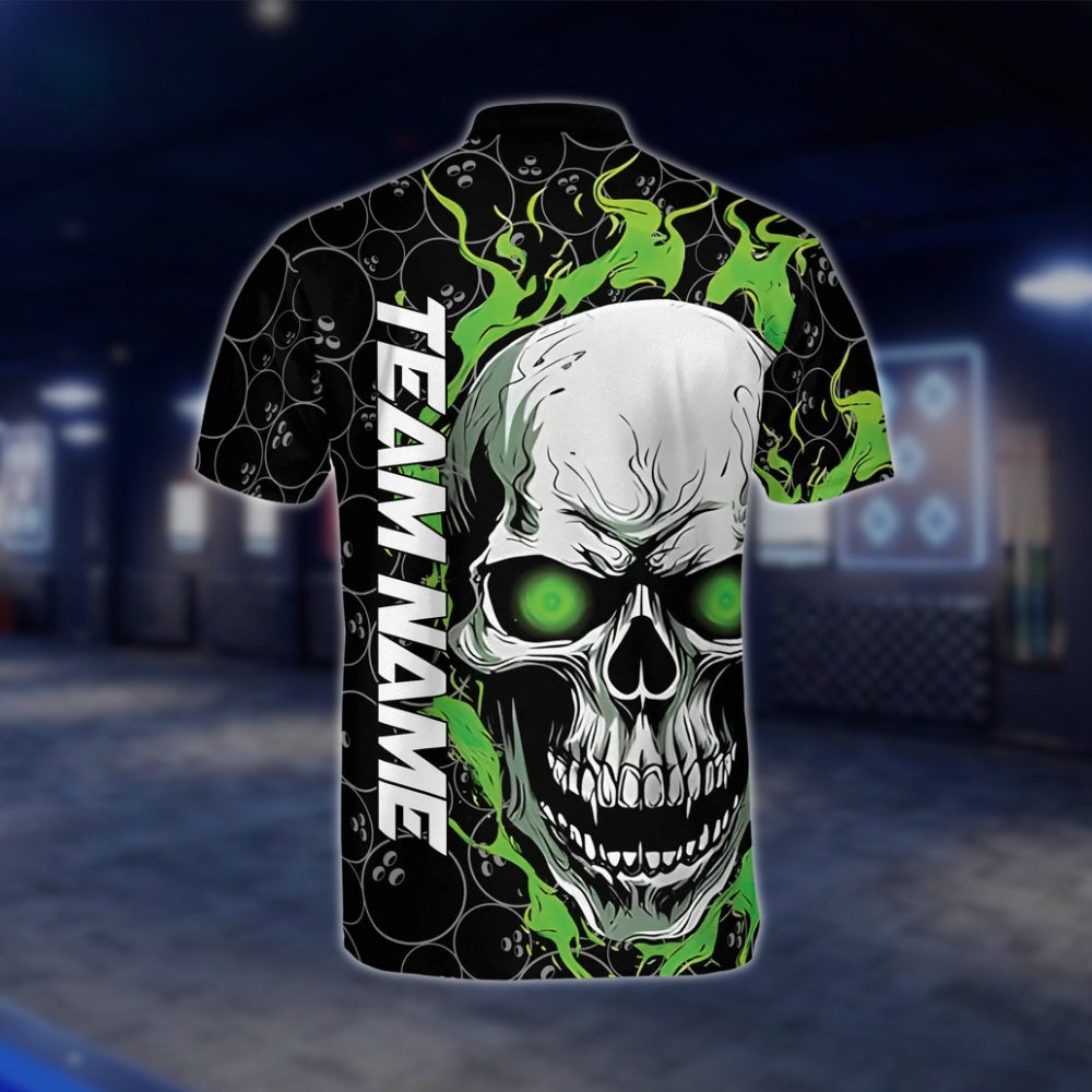 Skull Flaming Custom Green Black Bowling Mens Jersey, Custom Skull Bowling Shirts Team BZ0144 BOW0450