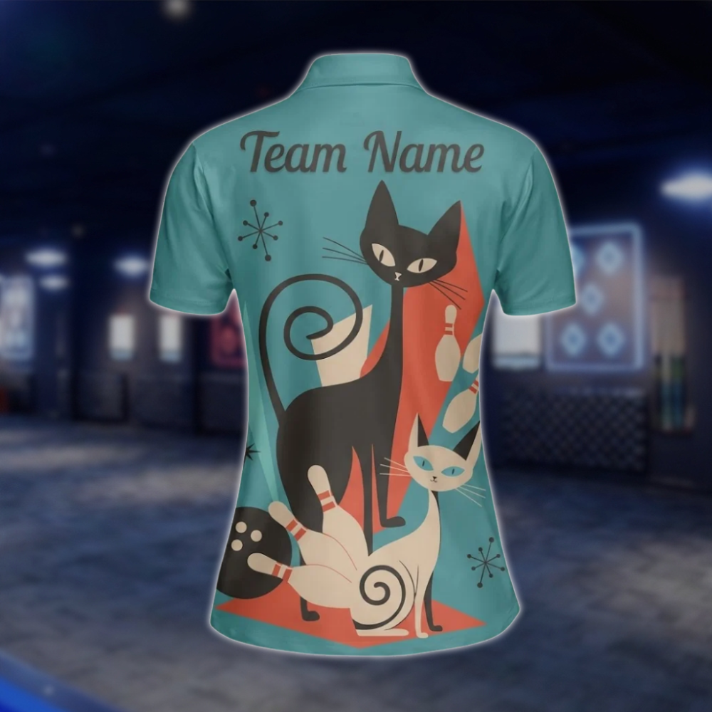 Personalized Vintage Cat Women's Cyan Bowling Polo Shirt, Custom Cat Bowling Team Shirts For Ladies BZ0774 BOW0133