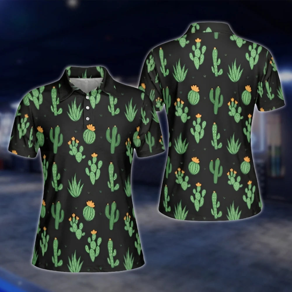 Matching Cactus Black Golf Shirts For Men And Women, Cactus Couple Golf Shirts GOF0172
