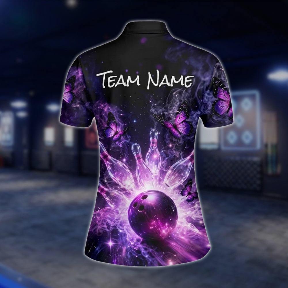 Personalized Butterflies Women's Purple Black Bowling Polo Shirt, Custom Butterfly Bowling Team Shirt Ladies BZ0775 BOW0132