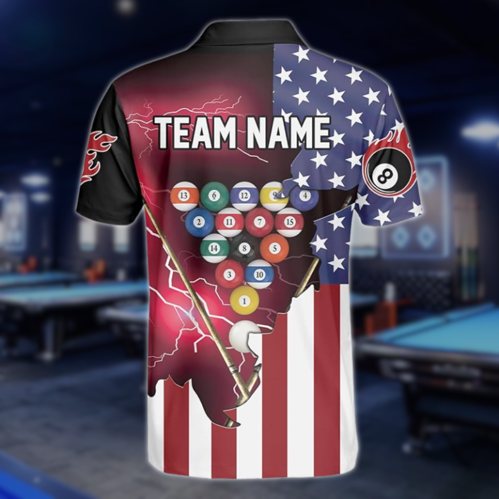 Custom Men's 8 Ball USA Flag Billiard Polo Shirt, Custom Patriotic Billiard Shirts For Team BLD0021
