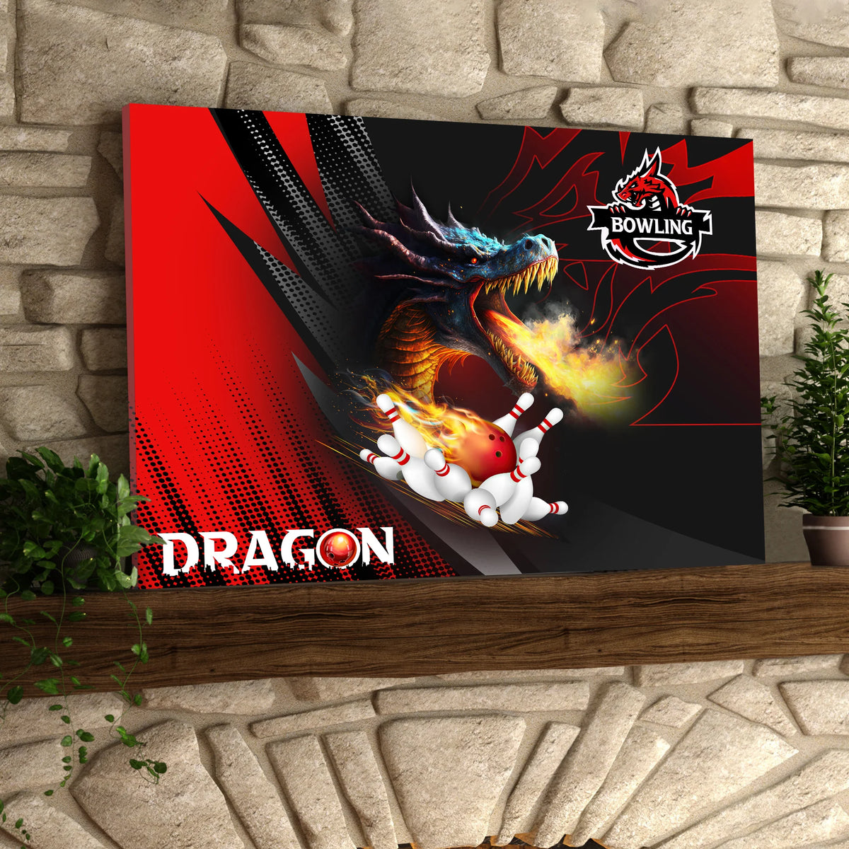 Dragon Team Red Bowling Ball On Fire Graphic Printed Canvas Bowl Game Living Room Decor Gift For Bowlers ORN0125