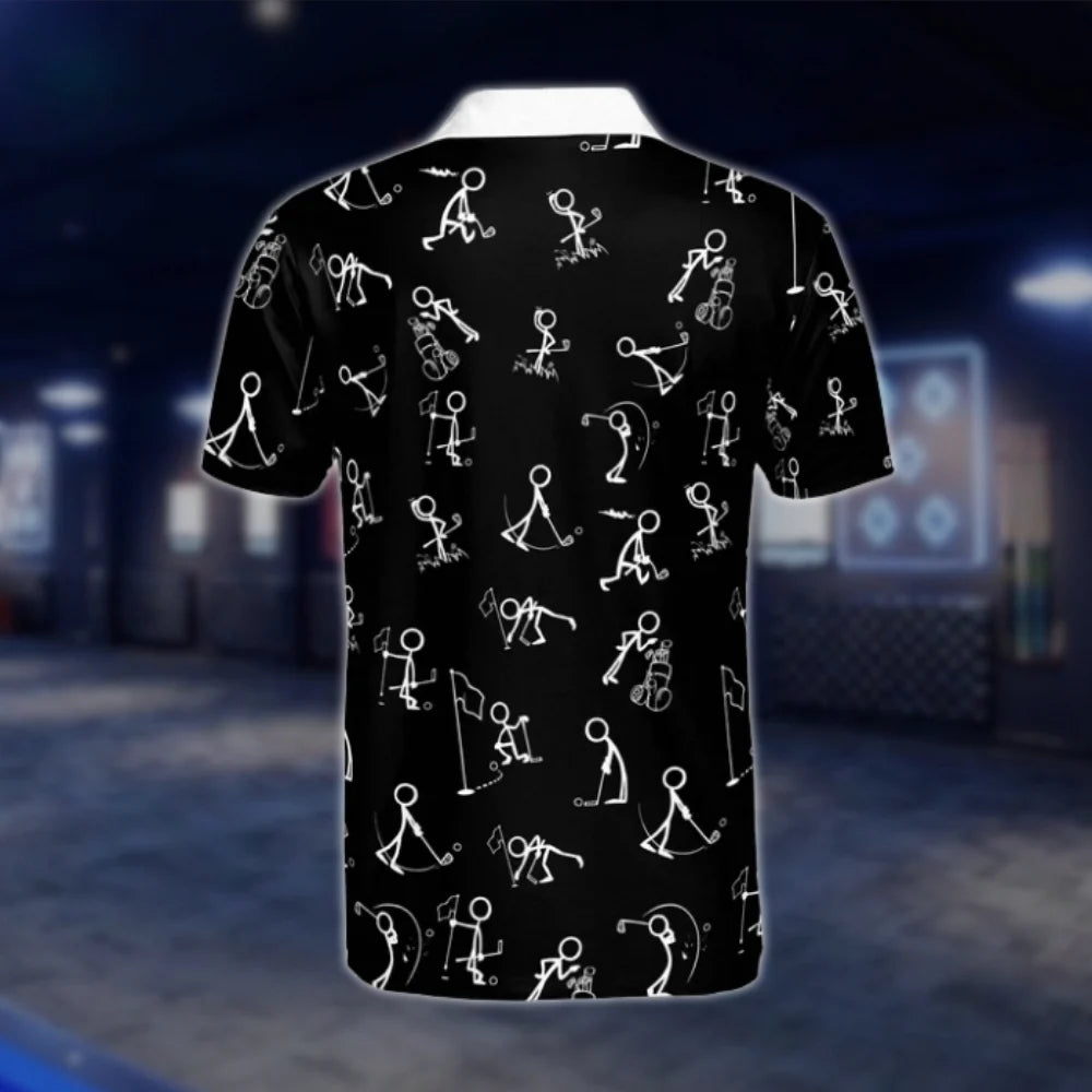 Funny Stick Figure Black And White Golf Polo Shirt For Men, Funny Golf Shirt GOF0140