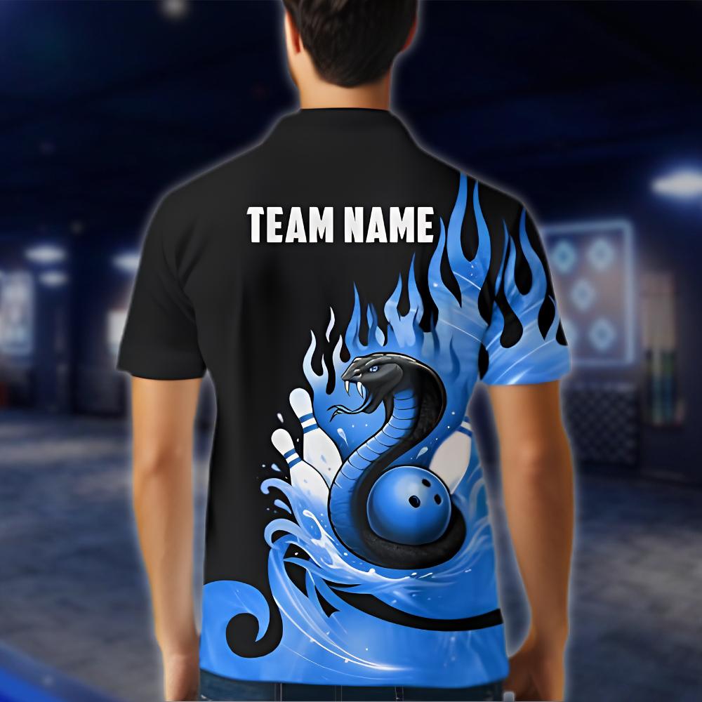 Persoanlized Snake Flaming Blue Bowling Men Polo Shirt, Custom Snake Bowling Shirt Team BZ0898 BOW0045