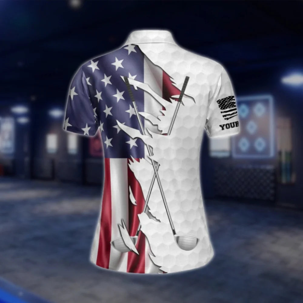 Personalised American Flag Golf Polo Shirts Women, Custom Women's Patriotic Golf Shirts GOF0273