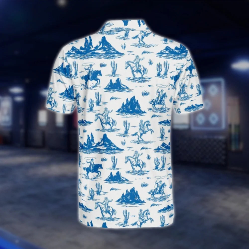 Men's Cowboy White Blue Golf Polo Shirt, Western Golf Shirt GOF0137