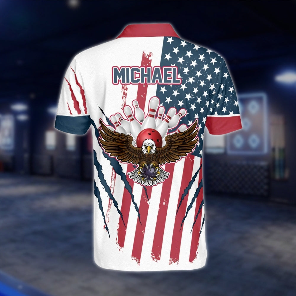 Eagle American Flag Custom Mens Bowling Polo Shirt, Custom Patriotic Bowling Team Shirts BZ0098 BOW0222